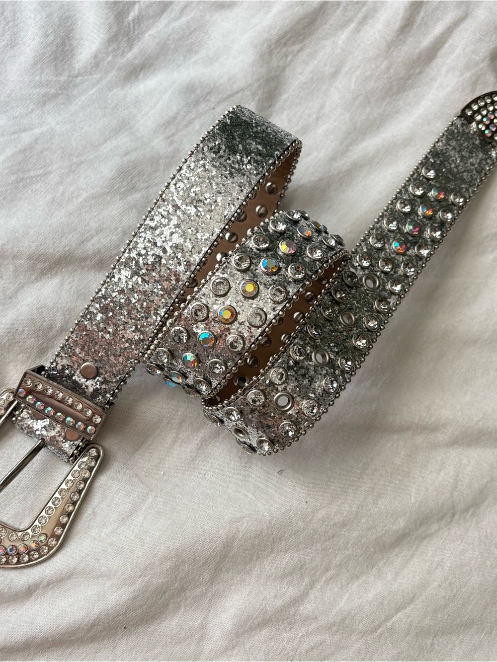 Y2K Silver Rhinestone Western Belt McBling Crystal Studded Glitz 36”
